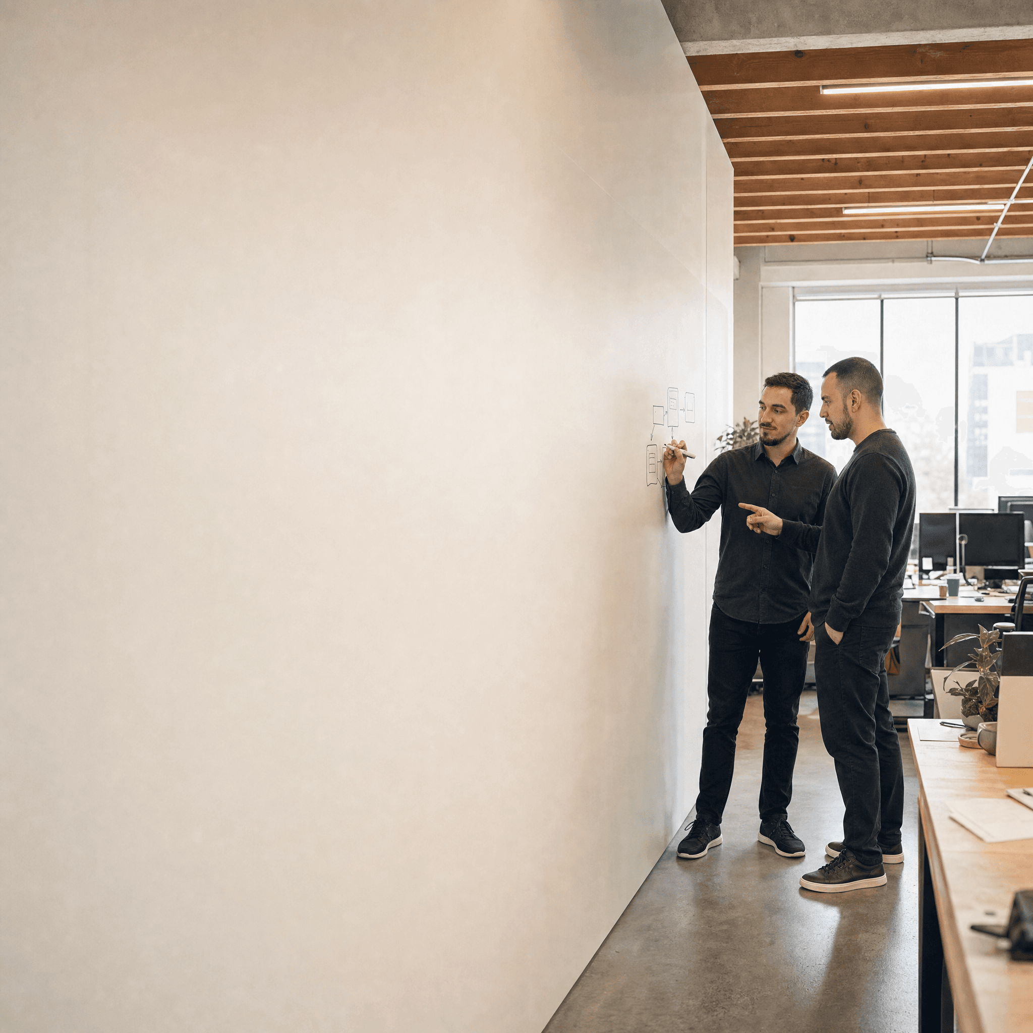 Nordin and Dmytro sketching a workflow on a whiteboard