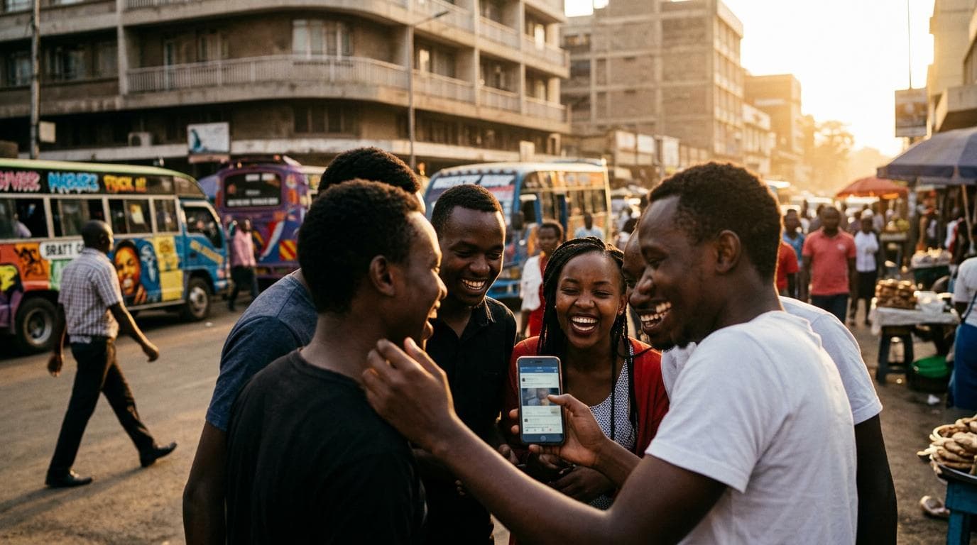 Friends laughing together over a phone on a busy city street